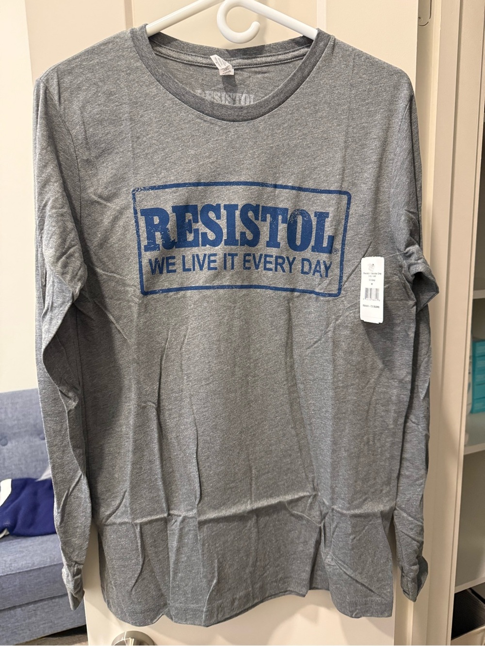 Resistol Men's Long Sleeve Logo Tee in Gray with Blue Print